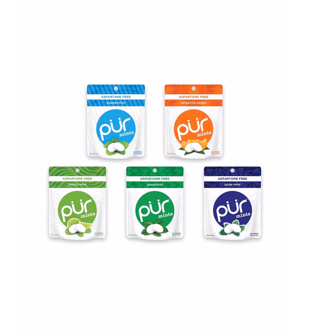 PUR Mints | Sugar Free Mints | 100% Xylitol | Vegan, Aspartame Free, Gluten Free & Diabetic Friendly | Natural Flavored Mints, Variety Pack, 20 Pieces (Pack of 5)