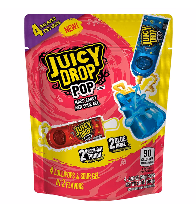 Juicy Drop Pop Sweet & Sour Liquid Lollipops, Assorted Flavors Variety Pack - 4 Count Bag (Pack of 7)
