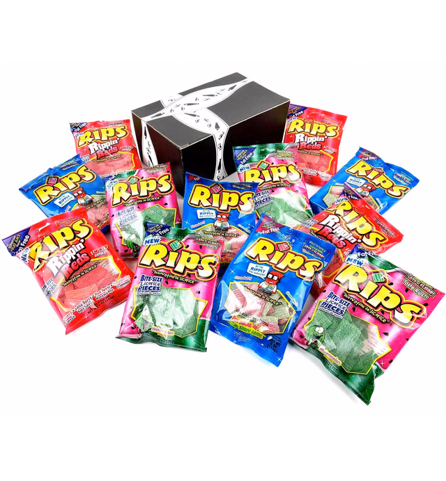 RIPS Licorice 3-Flavor Variety: Four 4 oz Bags Each of Strawberry/Green Apple, Rippin' Red, and Watermelon in a BlackTie Box (12 Items Total)