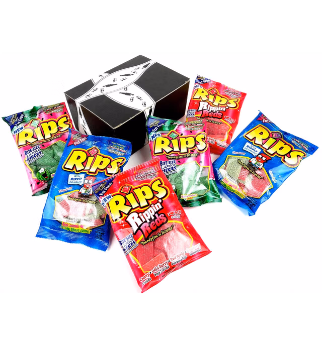 RIPS Licorice 3-Flavor Variety: Two 4 oz Bags Each of Strawberry/Green Apple, Rippin' Red, and Watermelon in a BlackTie Box (6 Items Total)