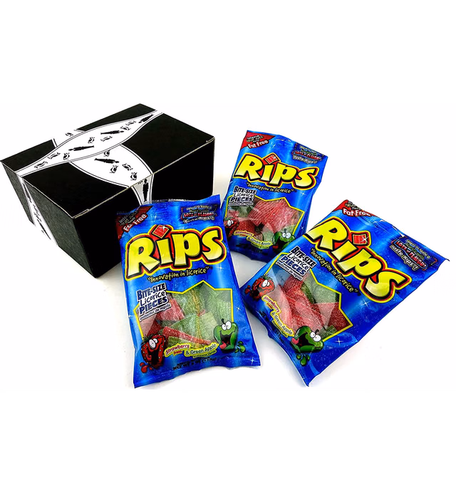 Rips Strawberry & Green Apple Bite-Size Licorice Pieces, 4 oz Bags in a BlackTie Box (Pack of 3)
