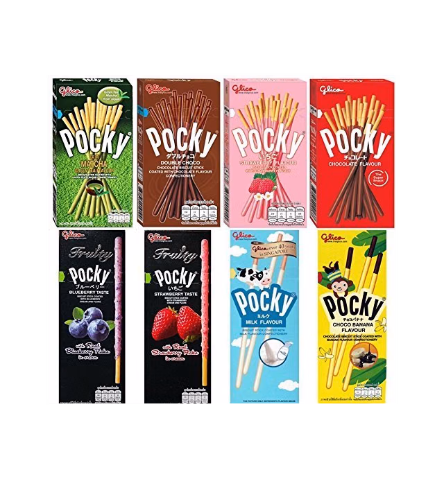 8 Flavours of Pocky - Pocky Matcha, Double Chocolate, Strawberry, Chocolate, Fruity Blueberry, Fruity Strawberry, Milky and Choco Banana.