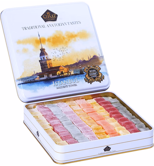 Cerez Pazari Turkish Delight Candy Gift Basket 2.2Lbs ℮, Luxury Lokum Dessert Gourmet Christmas Holiday Corporate Food Gifts in Elegant Tin Box, Thanksgiving, Halloween, Birthday with 6 Unique Flavors (No Nuts) Approx. 75-80 Pcs