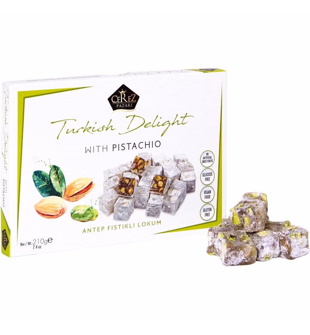 Cerez Pazari Turkish Delight Pistachio Candy Gourmet Premium Vegan Sweets Small Gift Box 7.4oz | Sweet Luxury Traditional Confectionery Soft Candy Dessert Glucose Free Lokum (Loukoumi) | Apprx.35 Pcs