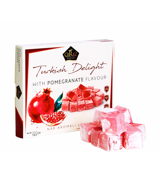 Cerez Pazari Turkish Delight Pomegranate Candy 8.1 Oz Gourmet Small Size Snacks Gift Box | No Nuts Sweet Luxury Traditional Confectionery Vegan Soft Candy Dessert Glucose Free Lokum (Loukoumi) Approx. 40 Pcs