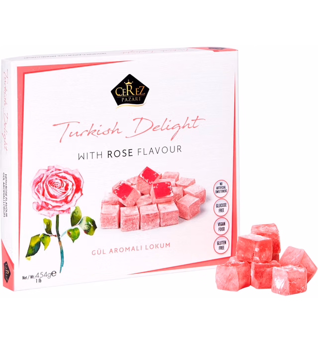 Cerez Pazari Turkish Delight Rose Candy 16 Oz - Gourmet Medium Size Snacks Gift Box | No Nuts Sweet Luxury Traditional Confectionery Vegan Candy, Soft Candy Dessert Glucose Free, Gluten Free Lokum (Loukoumi) Approx. 42 Pcs