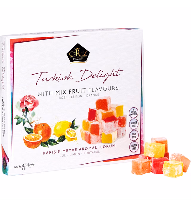Cerez Pazari Turkish Delight with Rose, Orange and Lemon Mix Flavours 16 Oz Gourmet Medium Size Snacks Gift Box, No Nuts Sweet Traditional Confectionery Vegan Candy Dessert Lokum Loukoumi Approx.42Pcs