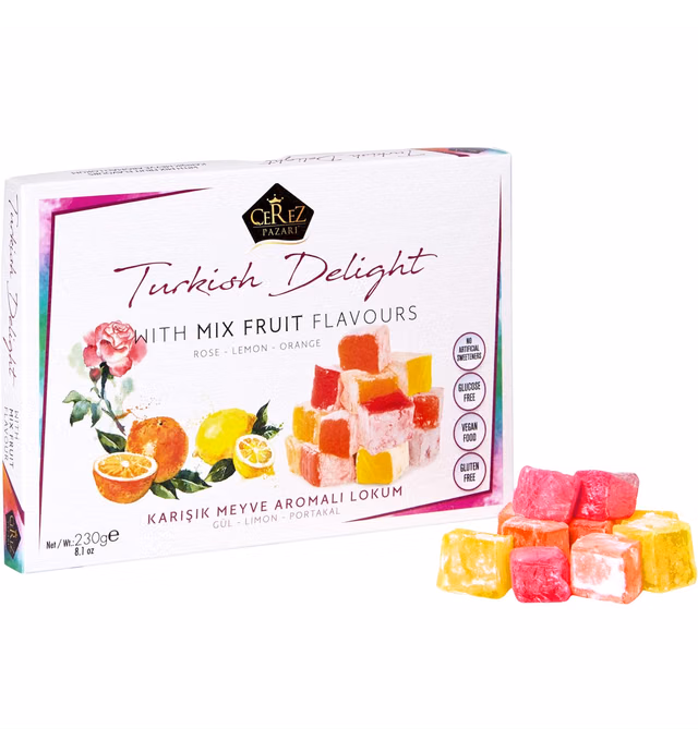 Cerez Pazari Turkish Delight with Rose, Orange and Lemon Mix Flavours 8.1 Oz Gourmet Small Size Snacks Gift Box, No Nuts Sweet Traditional Confectionery Vegan Candy Dessert Lokum Loukoumi Approx.32Pcs