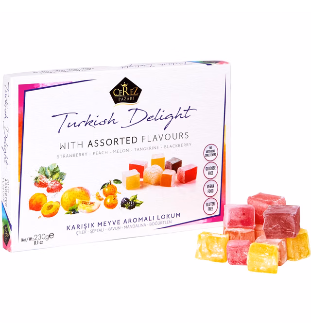 Cerez Pazari Turkish Delights Candy with Assorted Mix Flavours 8.1 Oz Vegan Fruit Snacks Gift Box | No Nuts Sweet Luxury Traditional Confectionery Lokum Loukoumi