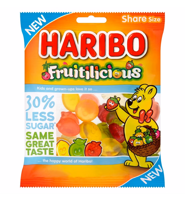Original Haribo Fruitilicious Gummy Candy Imported From The UK England British Gummy Candy Haribo Fruitilicious Sugar Reduced Sweets Sharing Bag, 120 g
