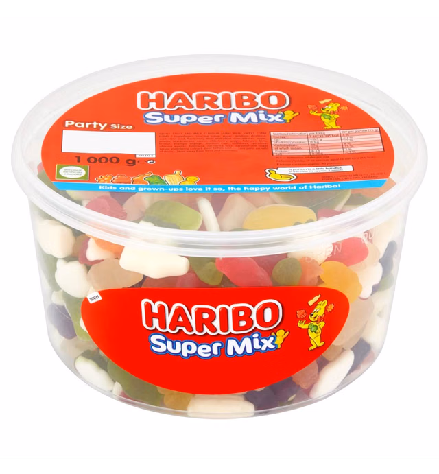 Original Haribo Supermix Party Size Tub A Delicious Mix Of Fun Haribo Shapes Includes Little Jelly Men Milk Bottles Imported From The UK British Gummy Candy