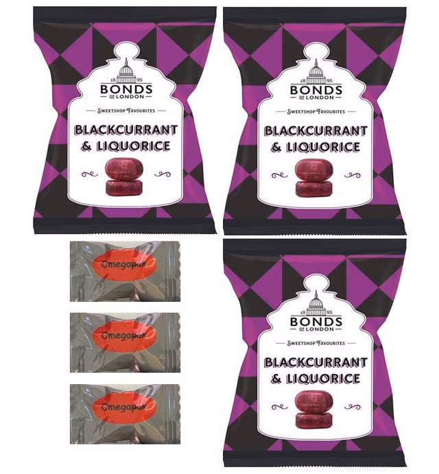 Bonds Of London British Hard Candy Blackcurrant and Liquorice with Omegapak Starlight Mints, Individually Wrapped Old Fashioned Candy, Bundle of 3 Bags, 120g or 4.23 Oz. Each