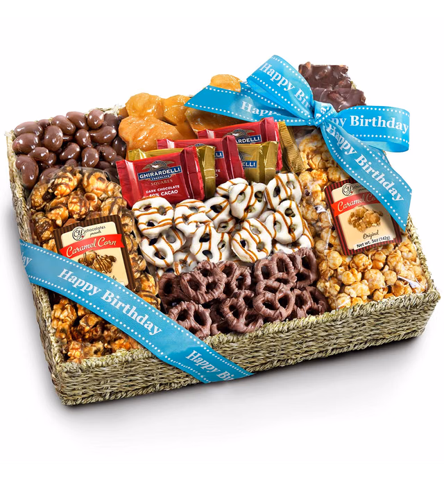 Birthday Chocolate Caramel and Crunch Grand Gift Basket with Snacks, Pretzels, Ghirardelli and Chocolate-covered Nuts