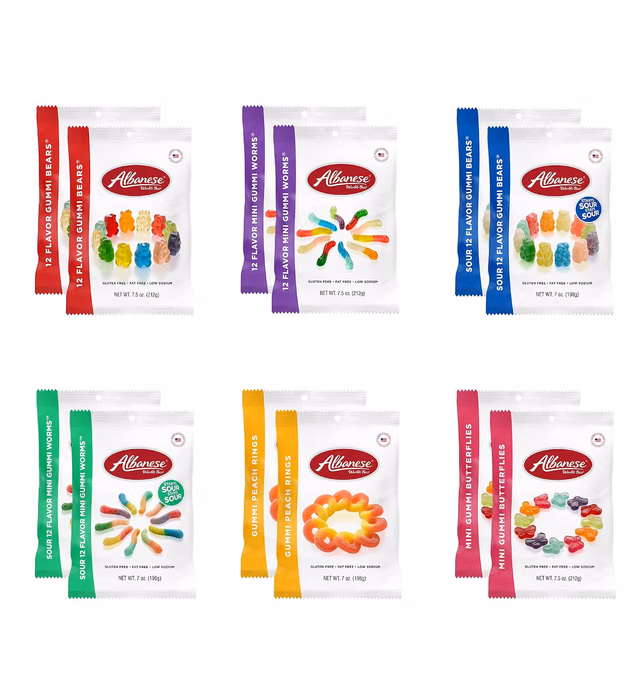 Albanese World's Best Gummi Variety Pack of candy, 12 Flavor and Sour Bears, Mini Worms and Butterflies, 7.5 & 7oz bags of Candy, (Pack of 12)