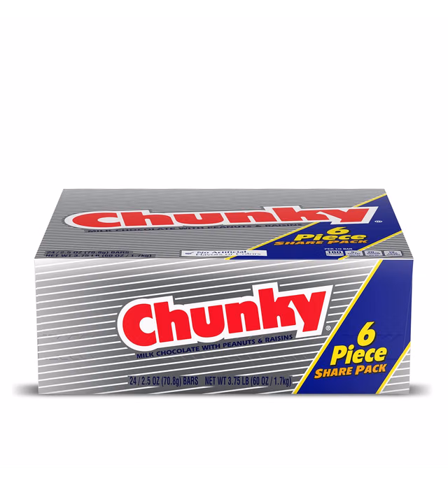 Chunky, Milk Chocolate with Peanuts and Raisins, Individually Wrapped Candy Bar, Share Pack 2.5.oz each, Bulk 24 Pack