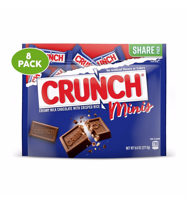 CRUNCH Milk Chocolate and Crisped Rice, Minis Individually Wrapped Candy Bars, 9.8 oz, Resealable Share Size, 8 Pack