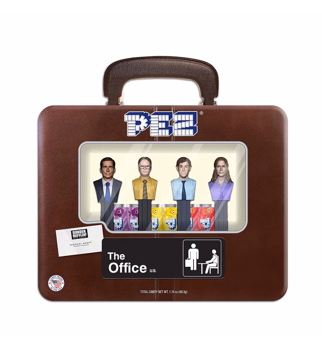 Pez Candy The Office Gift Tin, Includes Michael Scott, Dwight Schrute, Jim Halpert, & Pam Beesley in Briefcase Style Tin + 6 Candies, Assorted Fruit