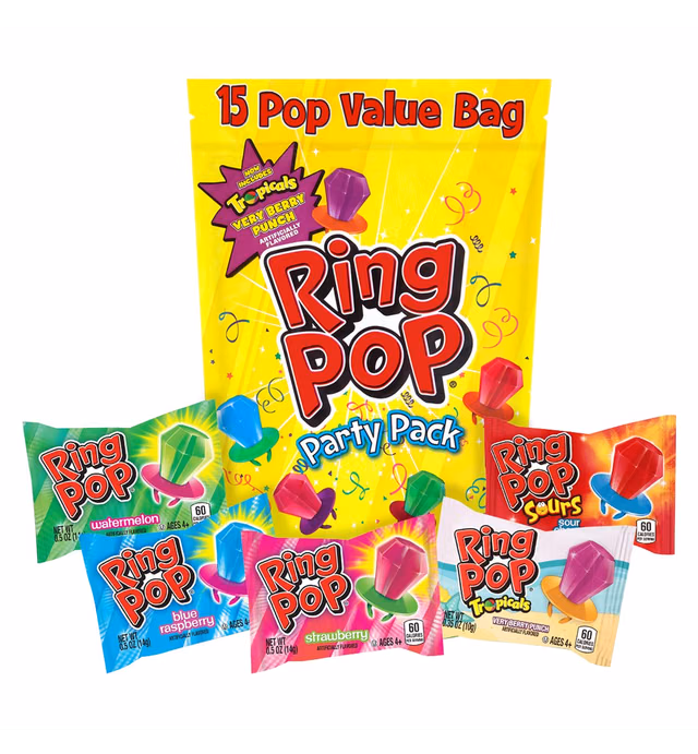 Ring Pop Individually Wrapped Bulk Lollipop Variety Party Pack – 15 Count Lollipop Suckers w/ Assorted Flavors - Fun Candy for Birthdays and Celebrations