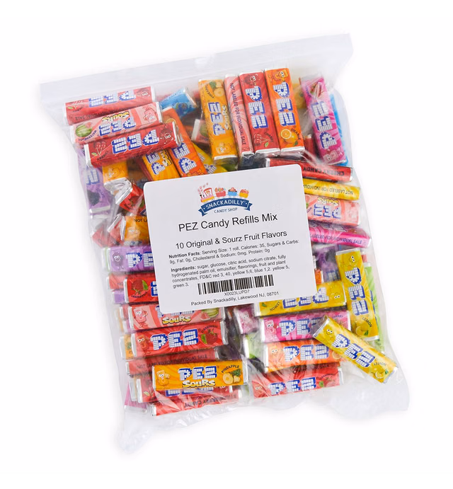 PEZ Candy Refill Rolls - All 10 Original & Sour Fruit Flavors - Bulk 3 Pound Bag - Cherry, Grape, Lemon, Orange, Raspberry, Strawberry, Sourz Green Apple, Blue Raspberry, Watermelon & Pineapple