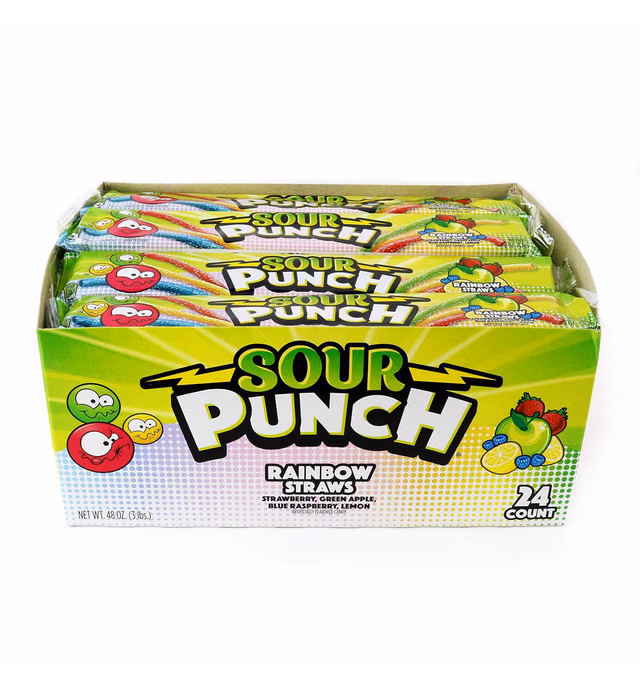 Sour Punch Straws, Rainbow Fruit Flavors, Chewy Sweet & Sour Candy, 2oz Tray (24 Pack)