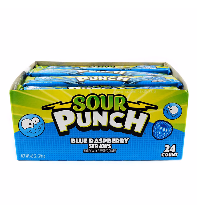 Sour Punch Straws, Sweet & Sour Flavored Soft, Chewy Candy, Tray, Blue Raspberry , 2 Ounce (Pack of 24)