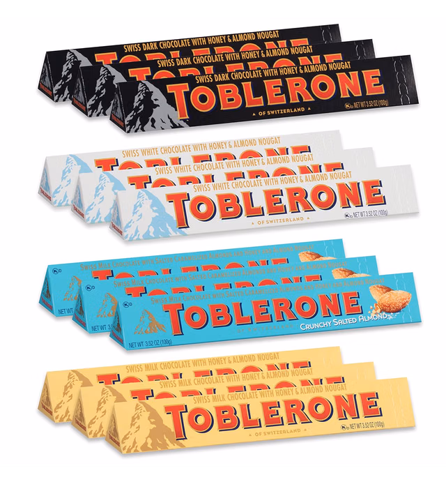 Toblerone Swiss Chocolate Variety Pack, Milk Chocolate, Dark Chocolate, White Chocolate & Crunchy Salted Caramelized Almond, 12 - 3.52 oz Bars