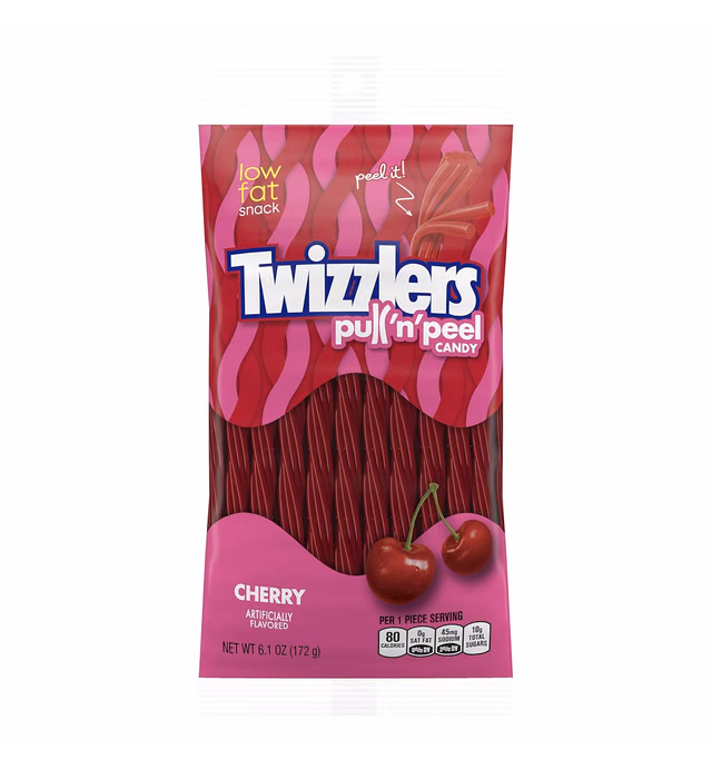 TWIZZLERS PULL 'N' PEEL Cherry Flavored Chewy Candy, Bulk, Low Fat, 6.1 oz Bags (12 Count)