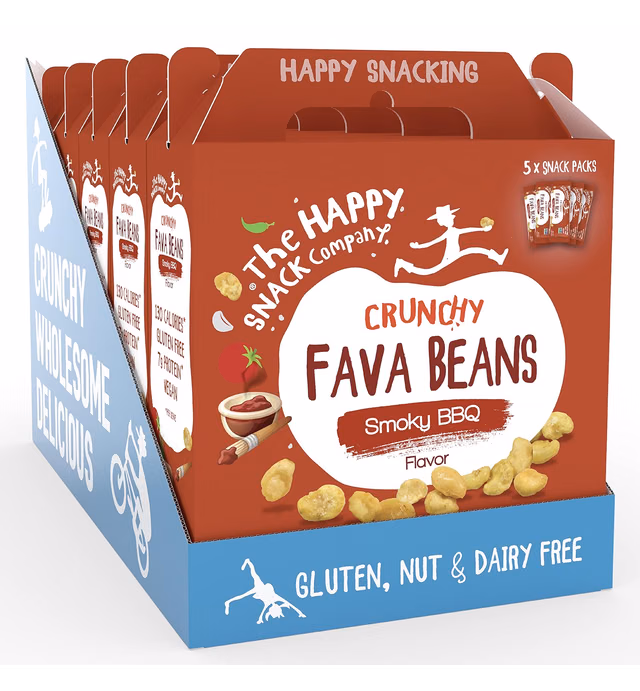 The Happy Snack Company Crunchy Fava Beans 25 x 1 oz packs. Smoky BBQ Flavor. 7g Protein & 130 Cals per pack. Gluten, Nut and Dairy Free, Non-GMO, Vegan, Plant Based Protein, Natural Prebiotic.