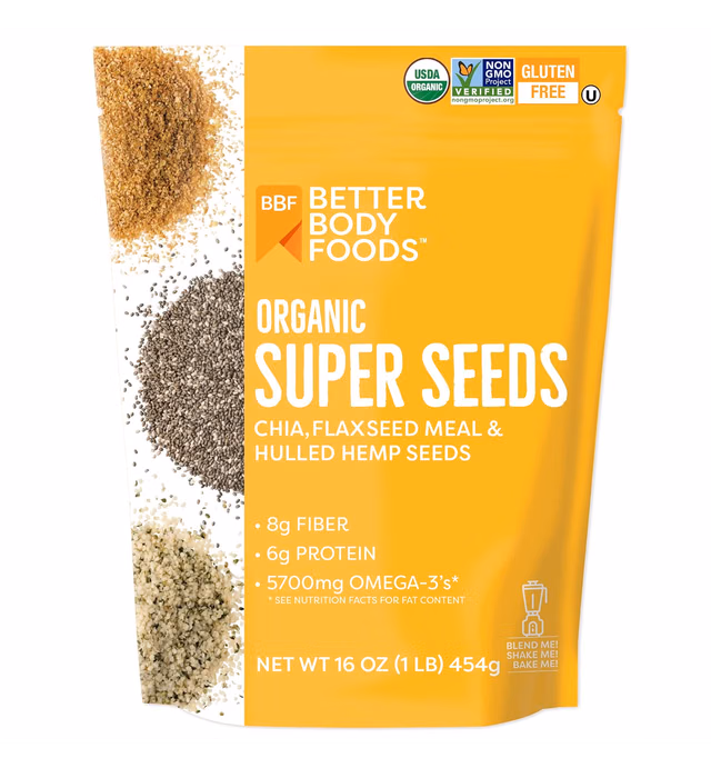 BetterBody Foods Superfood Organic Super Seeds - Chia Flax & Hemp Seeds, Blend of Organic Chia Seeds Organic Milled Flax Seed Organic Hemp Hearts, Add to Smoothies Shakes & More, 1lb, 16 oz