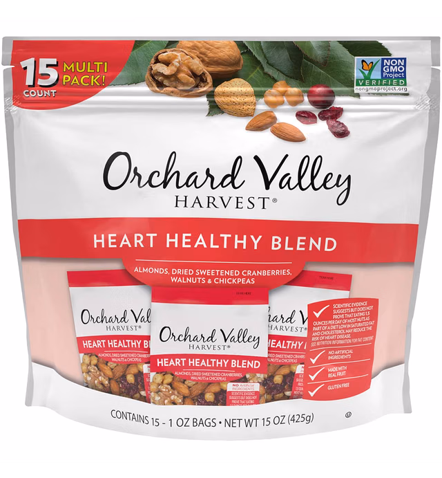 Orchard Valley Harvest Heart Healthy Blend, 1 Ounce Bags (Pack of 15), Almonds, Cranberries, Walnuts, and Chickpeas, Gluten Free, Non-GMO, No Artificial Ingredients