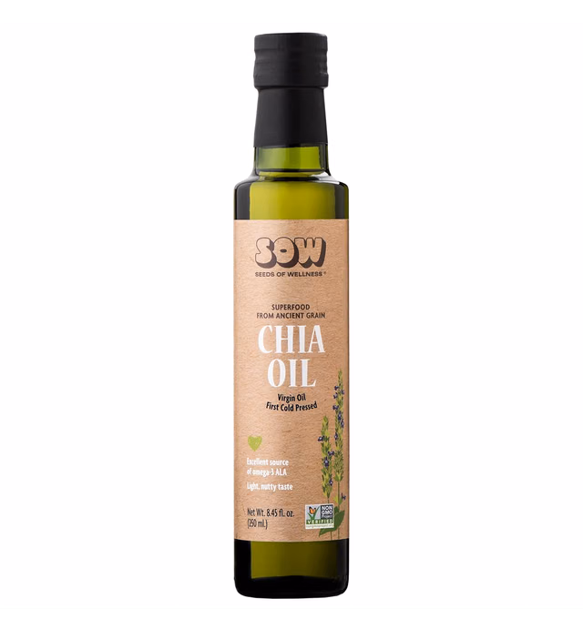 SOW 100% Pure Chia Seed Oil, Unrefined, First Cold-Pressed, Extra Virgin, Omega-3 Plant-Based, Vegan Cooking, Gluten Free, Non GMO, 100% Natural, Kosher, 8.45 Fl Oz (250 ml) Glass Bottle, Pack of 1