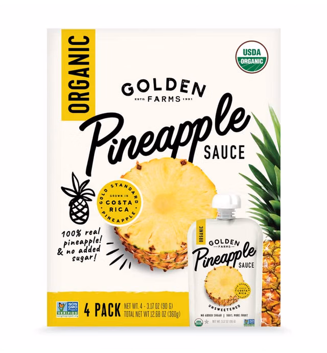 Golden Farms Pineapple Pouches, Single Ingredient Healthy Snacks (Pack of 4), 100% Pure Fruit, No Added Sugar, Vegan, Gluten-Free, Kosher, Organic Squeeze Pouch 3.17oz Each