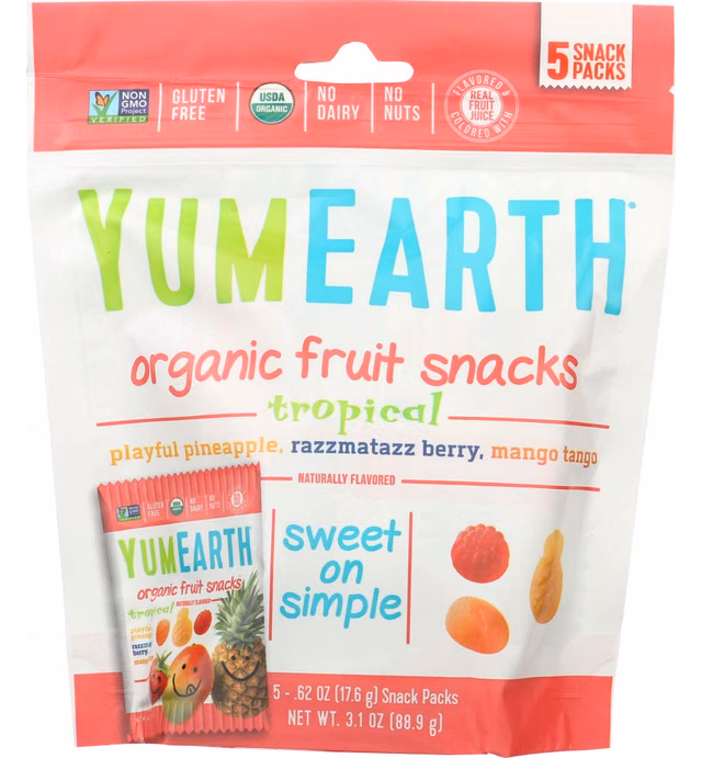 Organic Tropical Fruit Snacks Yum Earth 5 (0.62 oz) Packs Bag