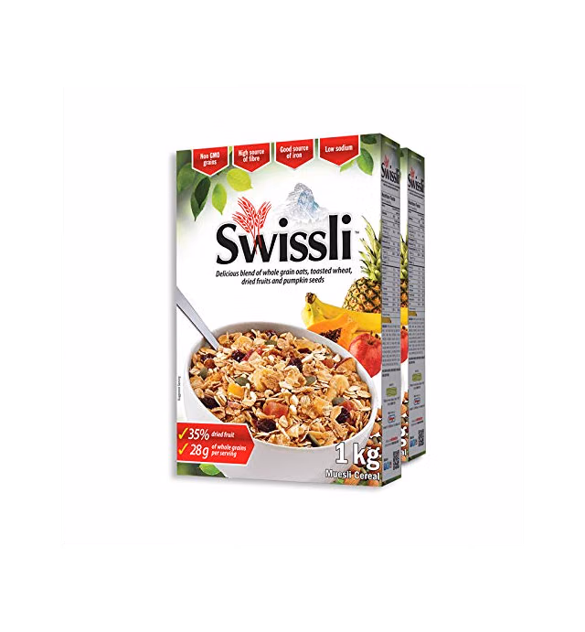 Swissli Muesli 35% Fruit & Nuts - 1kg/35 Ounce Boxes - 2 Pack - NON GMO/Authentic European Made Muesli/VEGAN