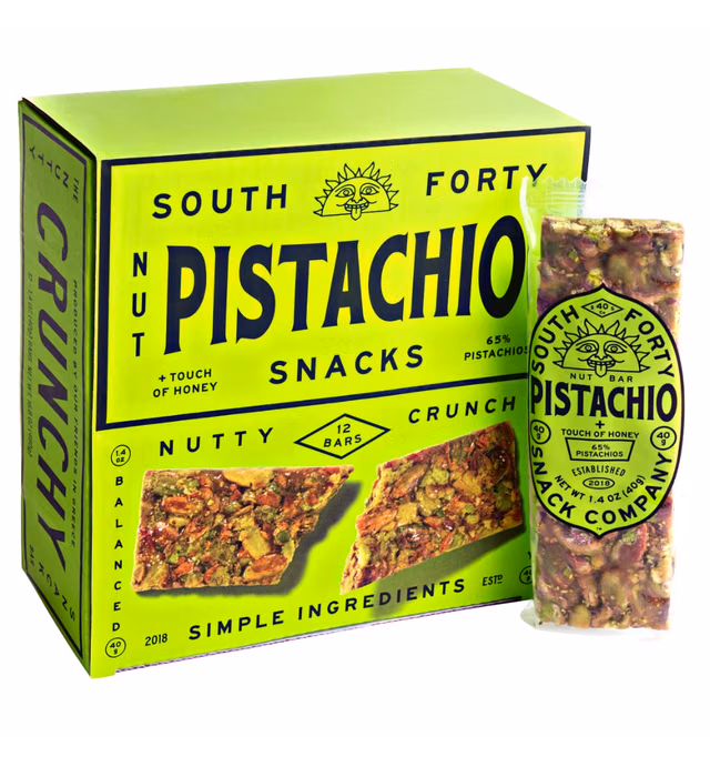 South 40 Snacks Pistachio Bar, Extra Crunchy Nut Snack Bar, Simple Ingredients, Honey and Sugar, Unique Delicious Healthy Nut Clusters, Individually Wrapped, 5 Grams of Protein (40g Bar, Pack of 12)