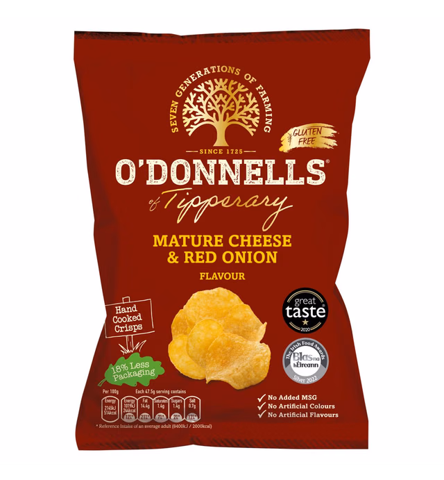 O' Donnells of Tipperary Handcooked Mature Irish Cheese and Red Onion Flavour Crisps (7 x 50g packs)