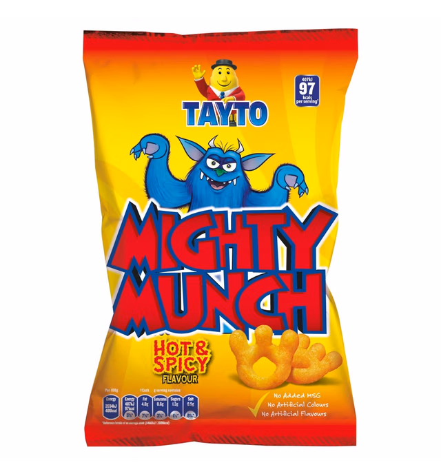 TAYTO Mighty Munch - Hot and Spicy flavour snacks from Ireland (22 x 26g packs)