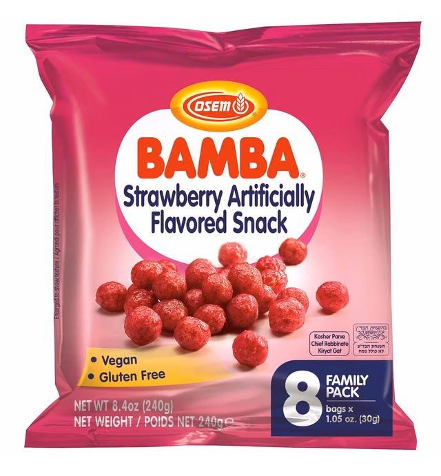 Bamba Strawberry Snacks All Natural Sweet Red Strawberry Bamba Corn Puffs, 1.05oz Bag, (Family Pack Of 8 Bags)