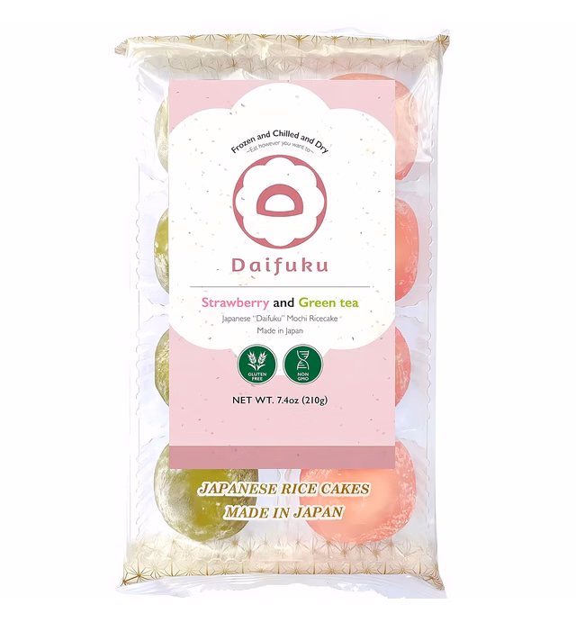 Daifuku Mochi, Strawberry & Green Tea 7.4oz, A 3-Layered Sweet Treat with Fluffy Mochi, Creamy Marshmallow & Luscious Filling