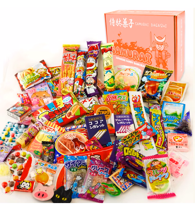 JAPANESE CANDY SAMURAI Assorted Japanese Junk Food Snack "Dagashi" Boxful 50 Packs