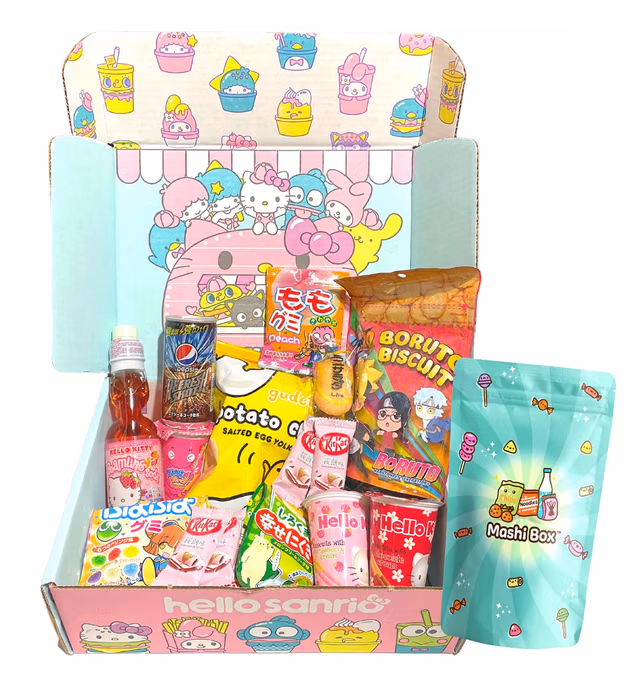 Sanrio x Mashi Box Mystery Asian Snack Box - 55 Total Pieces with at least 1 Drink and 6 Full-Sized Items, 40 Candies, and 8 Snacks