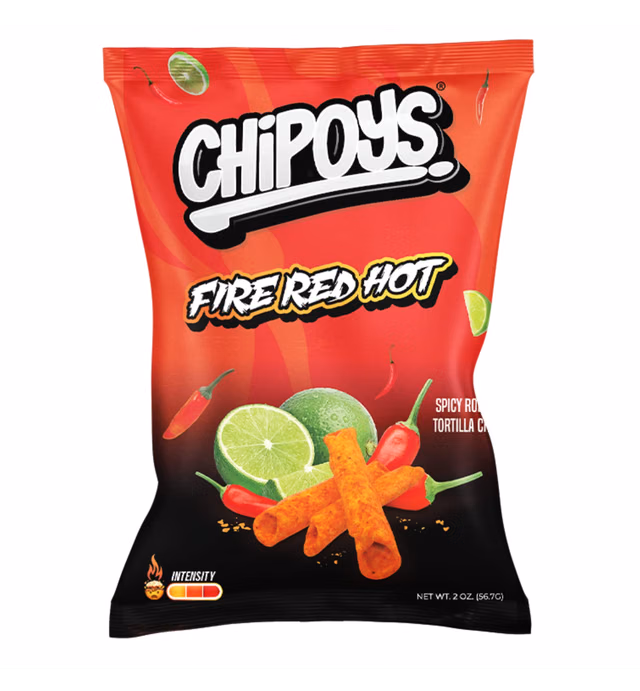 Chipoys Fire Red Hot Spicy Tortilla Chips - Crunchy Flavor Packed Baked Hot Chips - Fuego Jalapeno Lime Seasoned Maiz Corn Tortilla Chip Party Snack Packs - 10 Pack (2oz Individual Travel Bags)