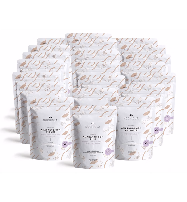 Nochiola Amaranth Churritos Variety Pack: Chia seeds, Piquin and Chipotle Chili Powder 50g/1.76oz each (21 pack) Vegan, Crunchy, Healthy Snacks