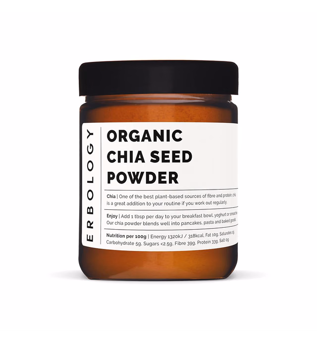Erbology 100% Organic Chia Powder 4.4 oz - Cold-Pressed from 100% Chia Seeds - High in Fiber and Protein - Rich in Minerals - Raw, Vegan and Gluten-Free - Non-GMO - Recyclable Glass Jar