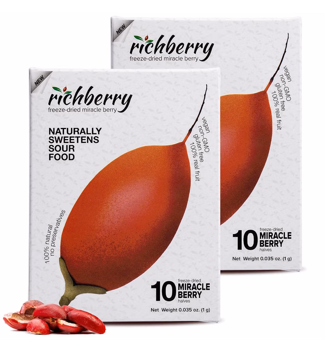 Richberry Miracle Berry Magic Fruit - Freeze-dried, Naturally Sweetens Sour Food, Great for Snacks and Taste Tripping, Contains 2 Packs of 10 Berry Halves