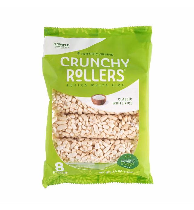 Friendly Grains - Crunchy Rollers - Organic Rice Snacks, Crispy Puffed Rice Rolls, Healthy Snack Rolls for Adults and Kids - Classic White Rice - 3.5 oz. Individual Packs (8 packs of 8)