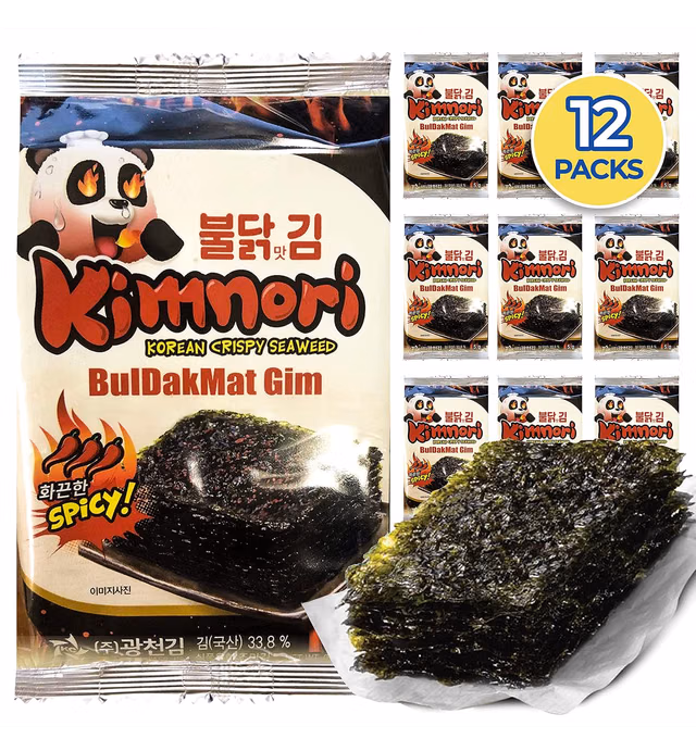 Kim Nori Seasoned Seaweed Snacks - Flaming Hot Spicy Flavor 12 Individual Packs Korean Crispy Roasted Sheets Natural Laver 5g 0.17 Ounce 김 のり 海苔 紫菜
