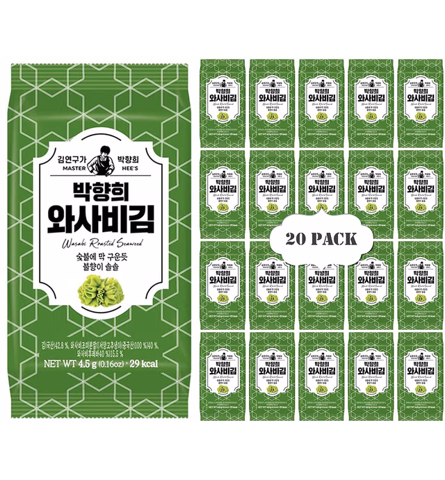 MASTER HEE'S KOREAN TRADITIONAL ROASTED SEAWEED, SEAWEED SNACK, SEAWEED CHIP, PERFECT SNACK FOR KETO DIET, VEGAN DIET(WASABI FLAVOR) 4.5g PER PACK (20-PACK)