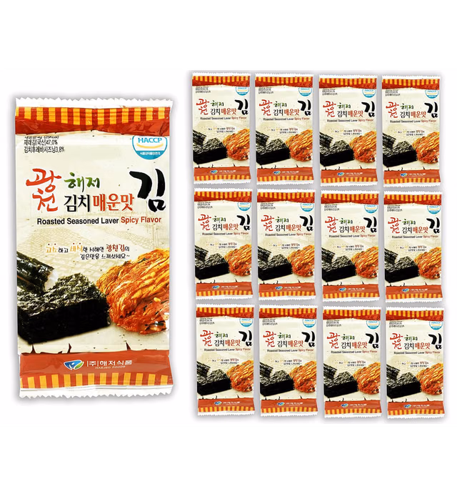 Korean Crispy Seasoned Seaweed Snacks Kimchi Spicy Sheets - 12 Individual Packs 100% Natural Laver 12 Pack Roasted Nori Snack Healthy Premium Gim by Unha's Asian Snack Box