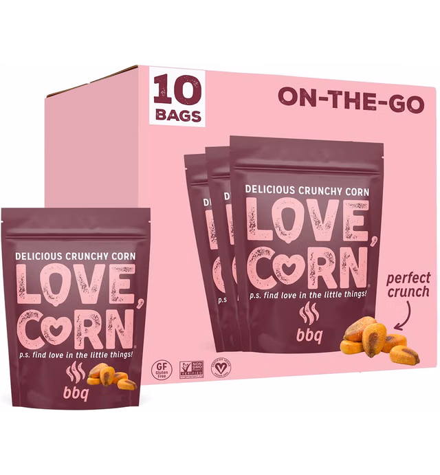 LOVE CORN BBQ 1.6oz x 10 Bags - Delicious Crunchy Corn - Healthy Family Snacks - Gluten Free, Kosher, NON-GMO - Alternative for Chips, Nuts, Crackers & Pretzels - Perfect for Charcuterie Boards